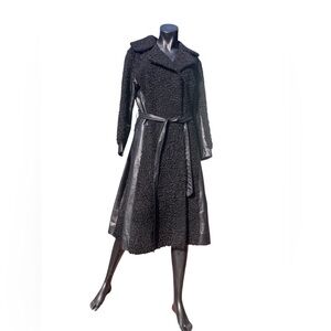 Vintage Black Lamb Fur Leather Trim Belted Long Coat
